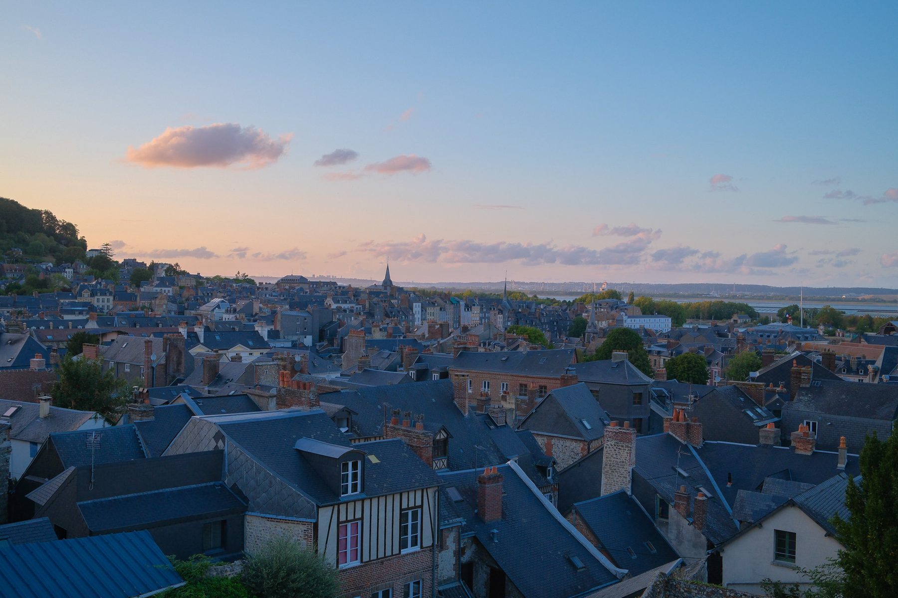The slate rooftops of Honfleur and the estuary, seen from Villa Marguerite